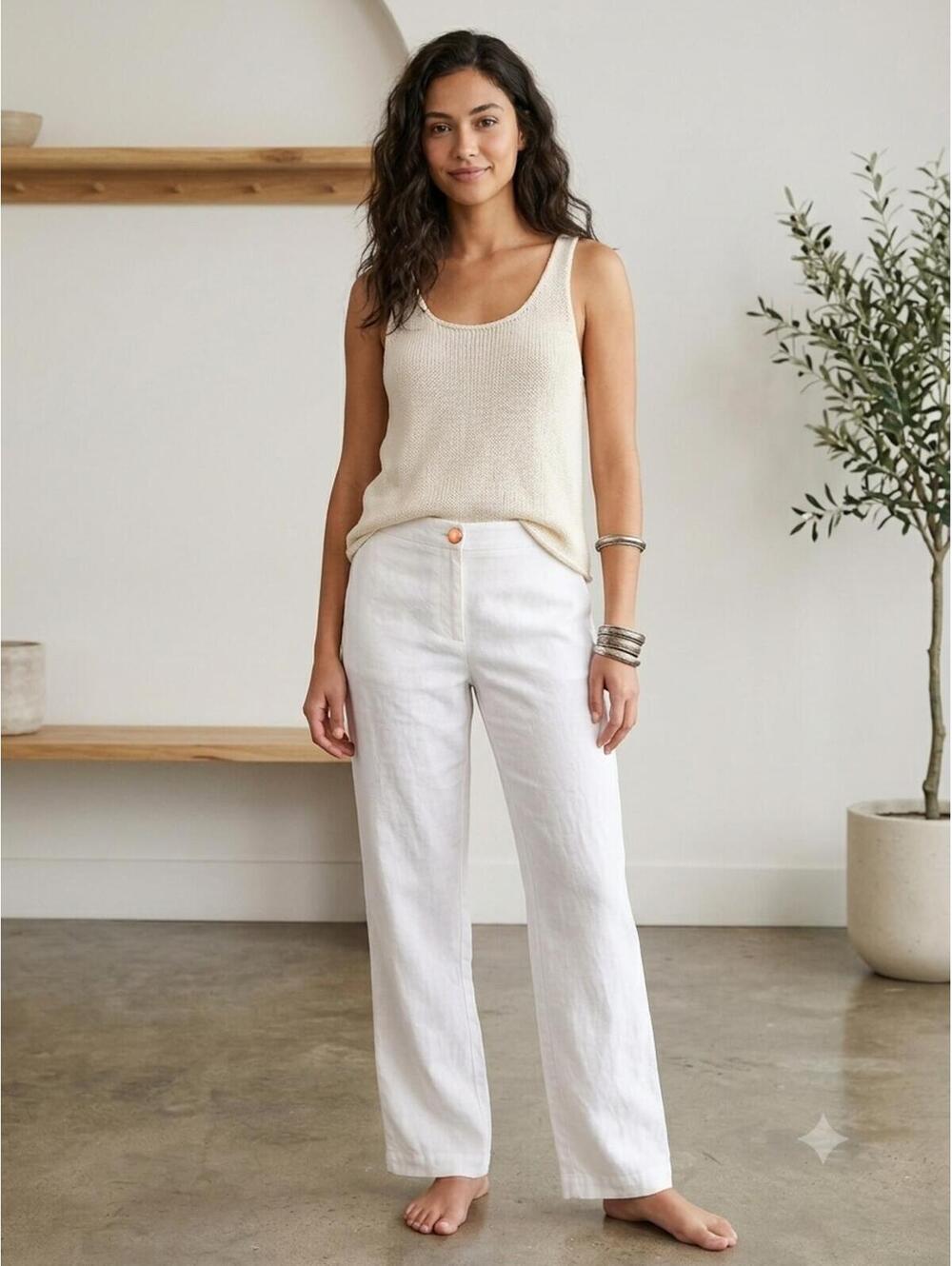 NYDJ Claire Linen Trouser White Straight Leg Pants 8